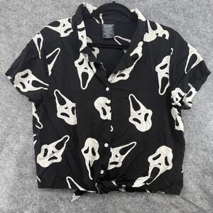 Ghostface Button Down Shirt Womens XL Black White Scream Tie Front Cropped Top